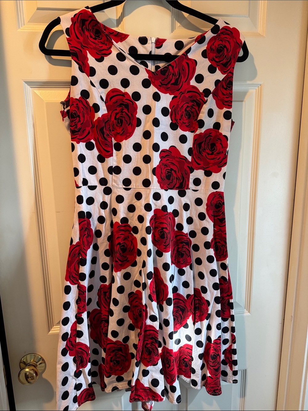 Sleeveless White Midi Dress with Red Rose & Black Polka Dot Print